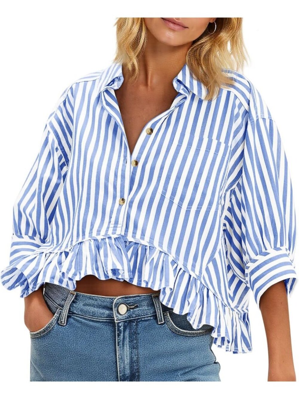 Cropped Striped Button Down Shirt with Ruffle Sleeves - 3/4 Length Top for Women